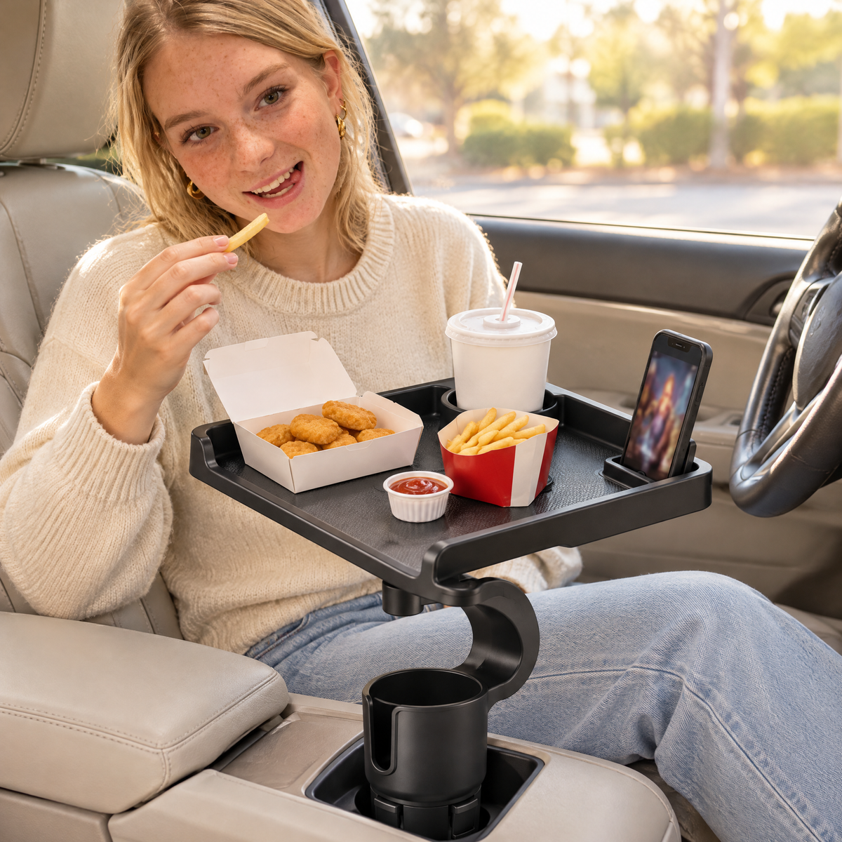 Swivel Car Cup Holder Tray with Phone Stand in use