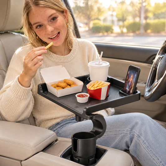 Swivel Car Cup Holder Tray with Phone Stand in use