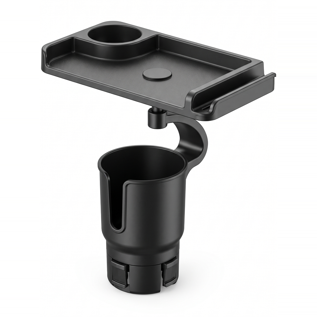 Swivel Car Cup Holder Tray with Phone Stand, black